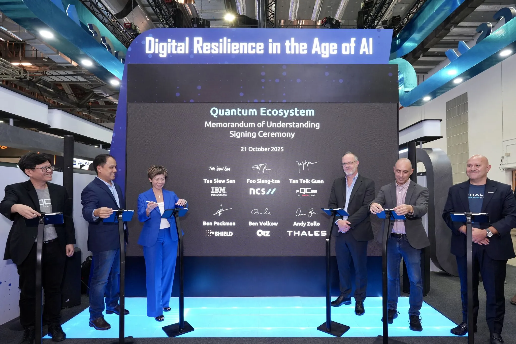 Quantum Ecosystem MOU Signing. From left: pQCee, NCS, IBM, PQShield, Qiz, Thales